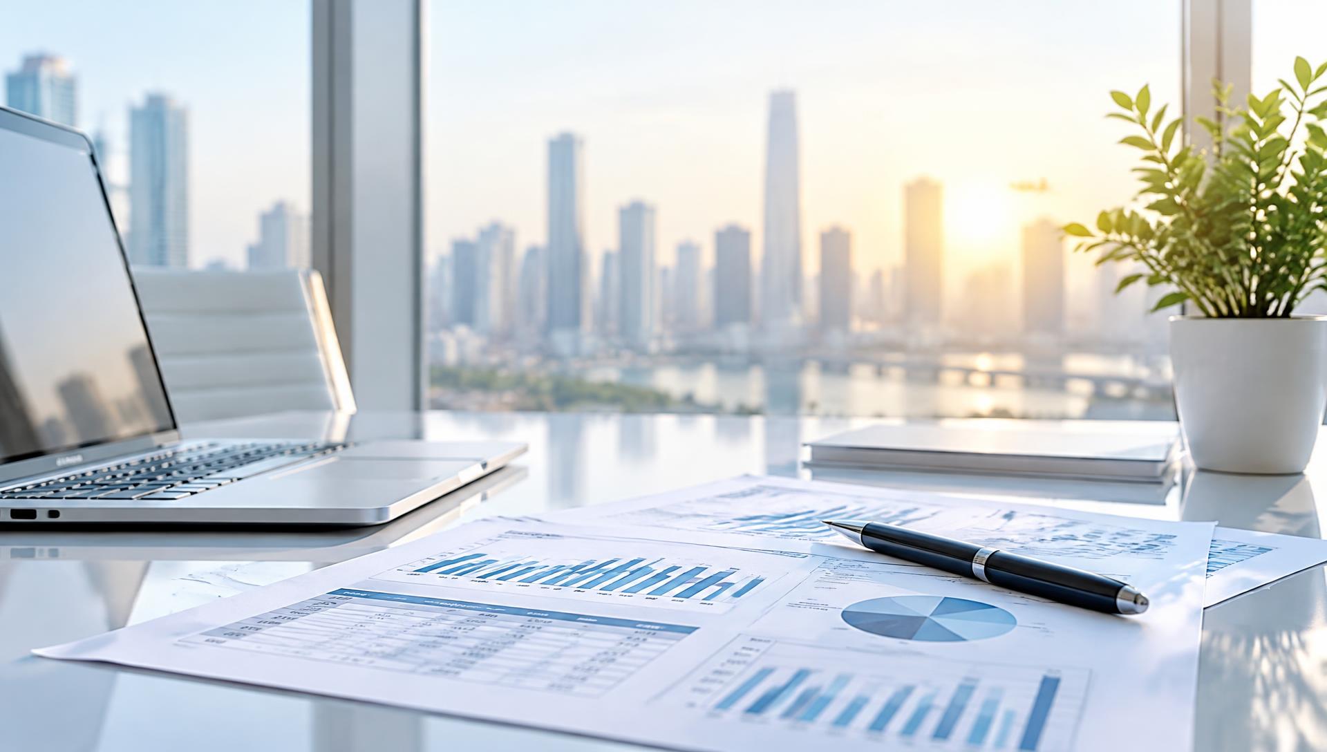 Mesa de trabalho com notebook e relatórios financeiros diante de uma cidade desfocada