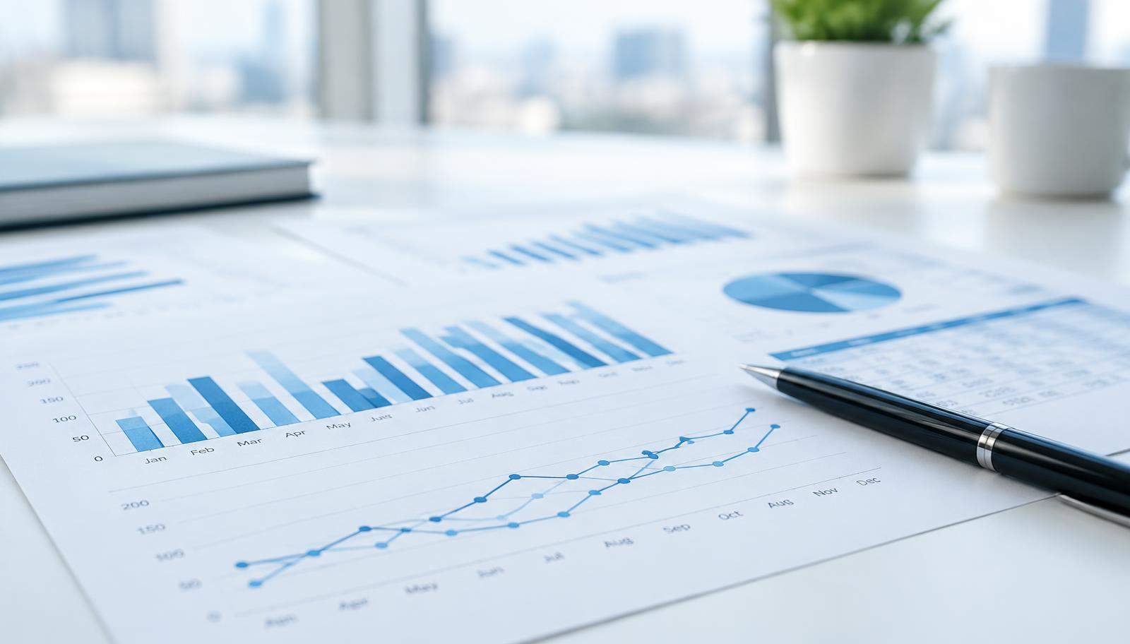 Relatórios financeiros com gráficos sobre a mesa